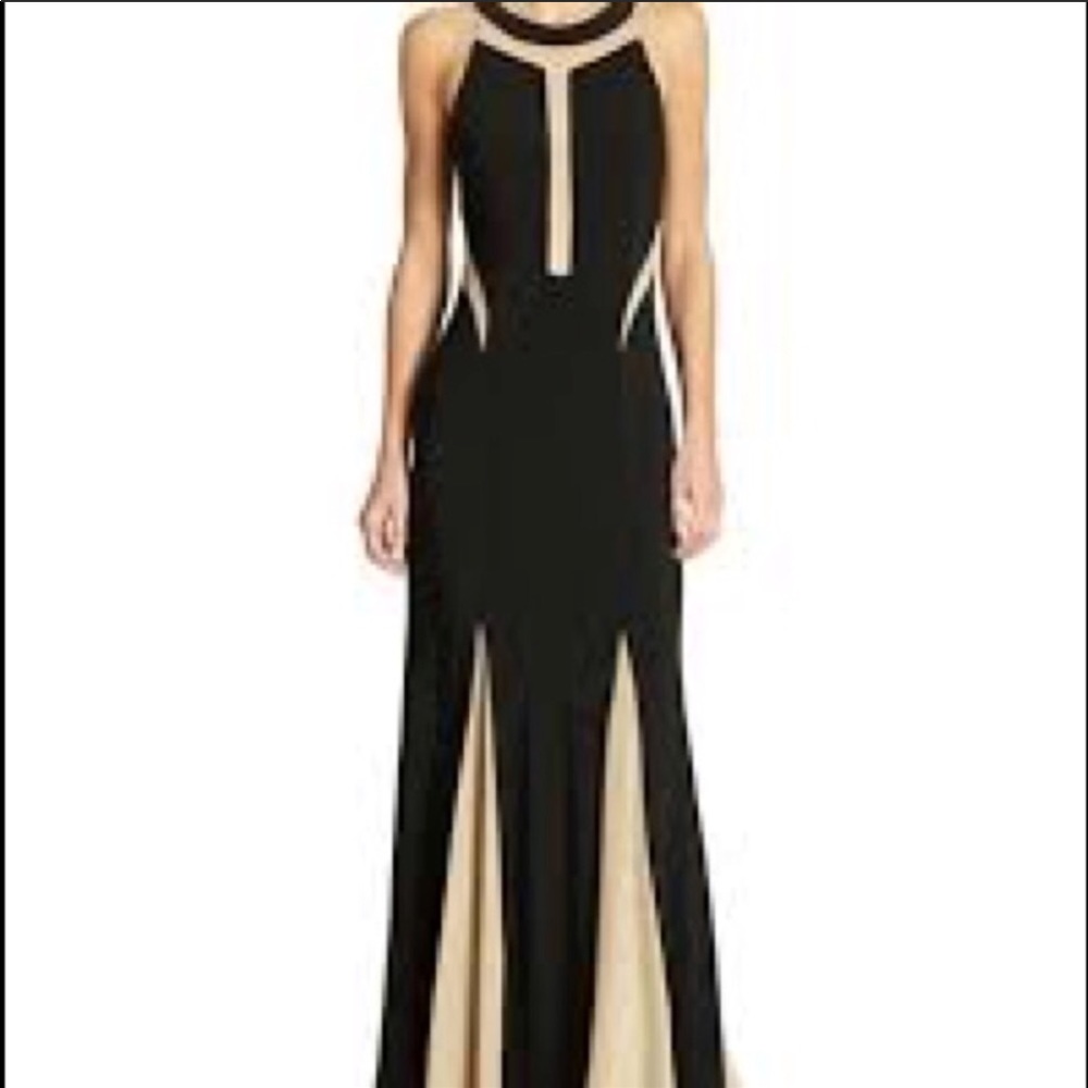 Black formal dress with mesh detailing